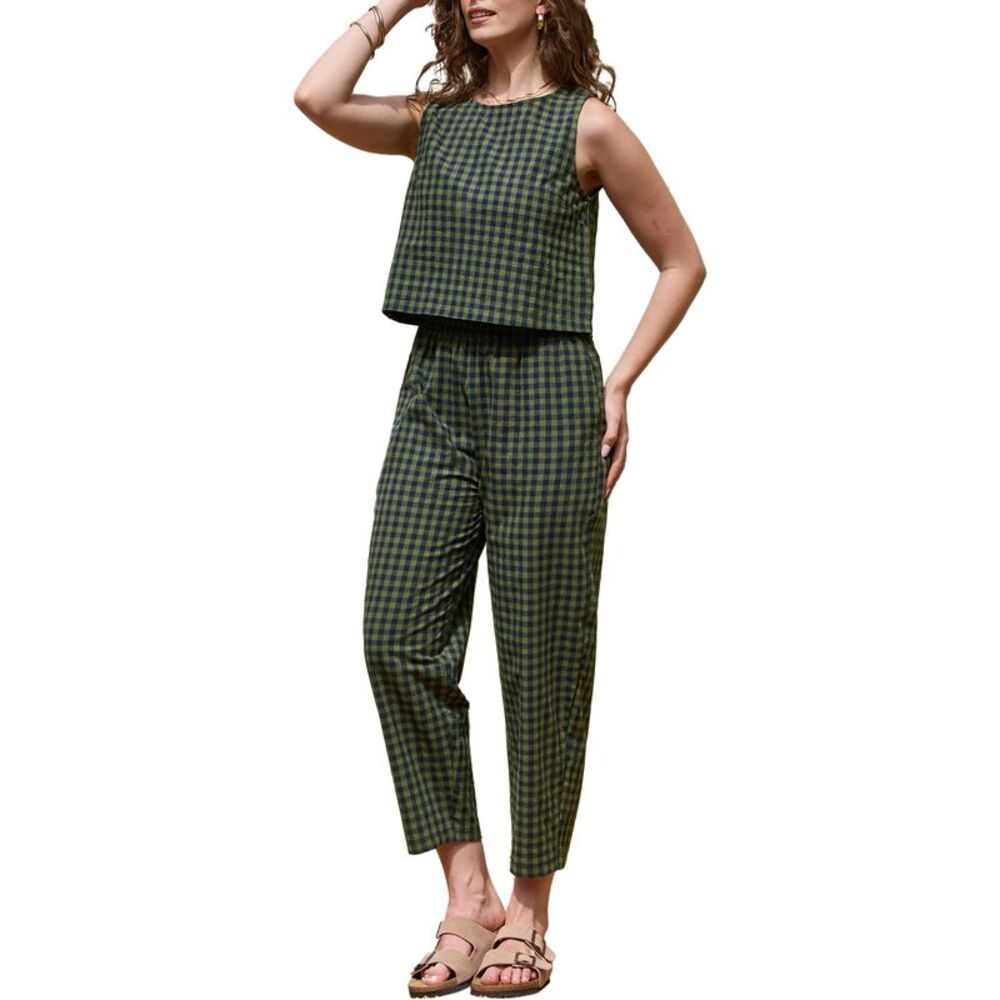 Women Gingham Sleeveless Crop Top and Wide Leg Pants Set Army Green